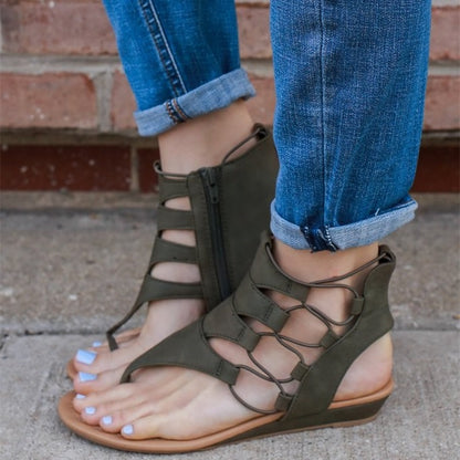 Women's Olive Open Toe Lace-Up Flats Gladiator Sandals