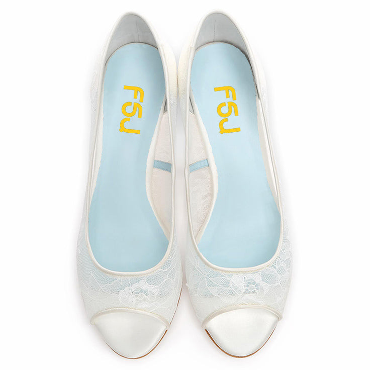 Women's Elegant White Lace Wedding Shoes Peep Toe Wedge Pumps