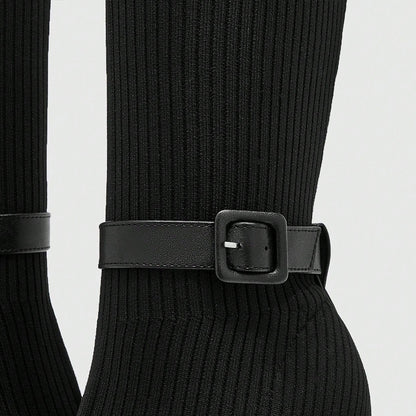 Black Closed Toe 4'' Flared Heel Mid Calf Boots