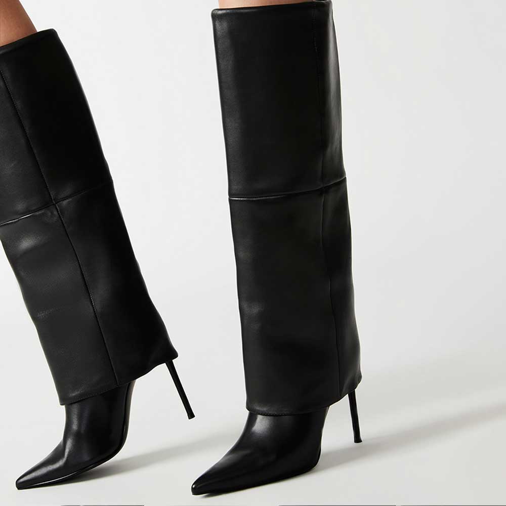 Vegan Leather Pointed Stiletto Heel Fold-Over Knee High Boots in Black