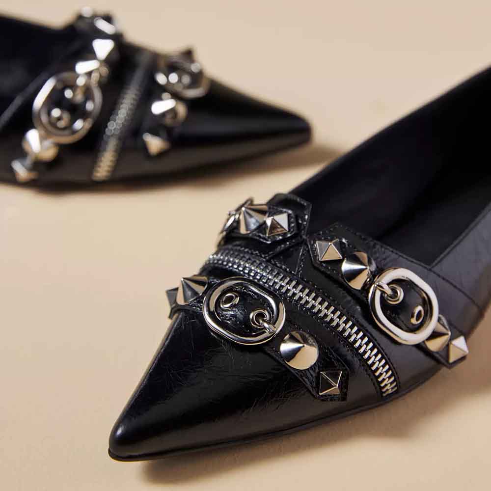 Women's Black Closed Toe Studded Flats with Buckle