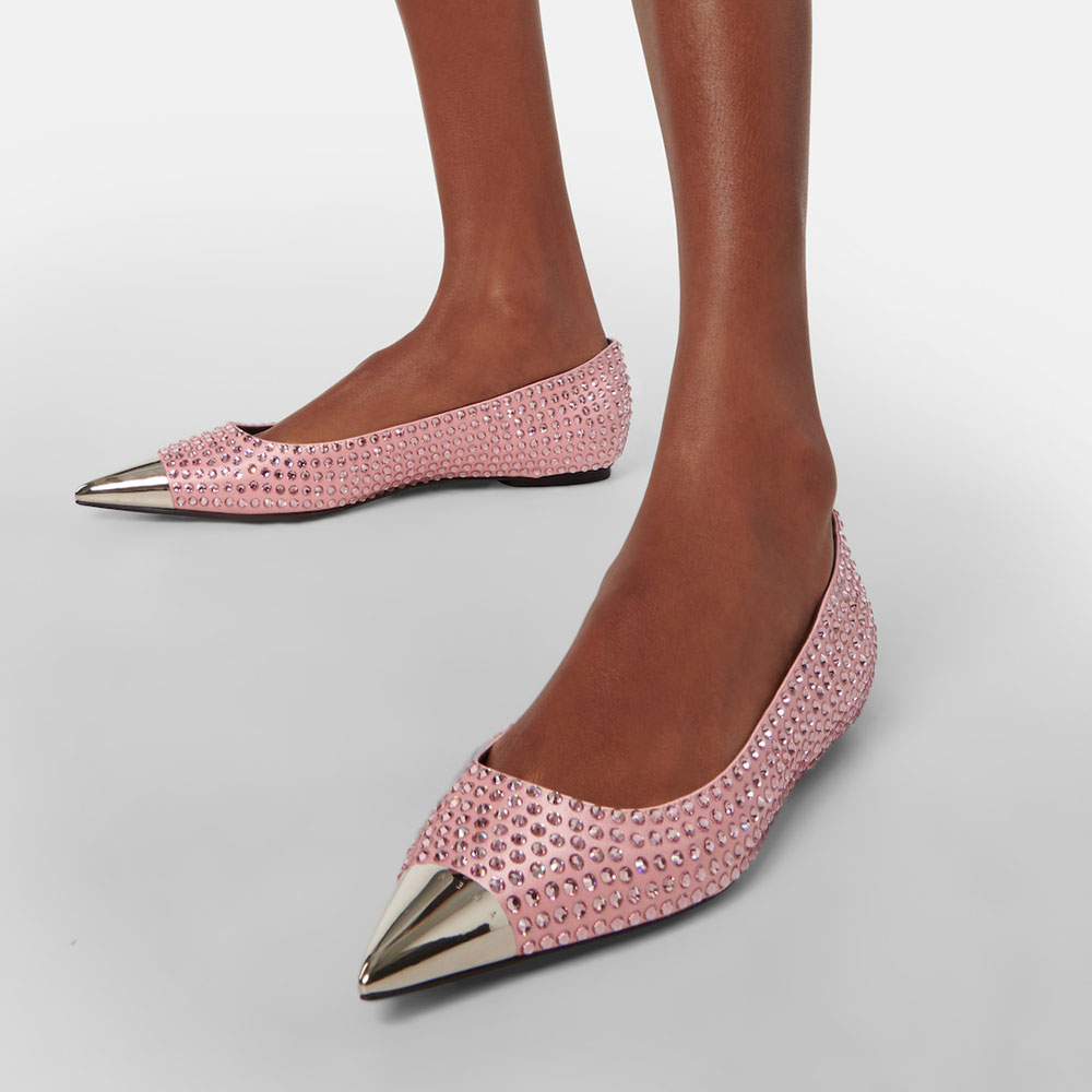 Pink Satin Pointed Toe Rhinestone Embellished Slip-On Ballet Flats