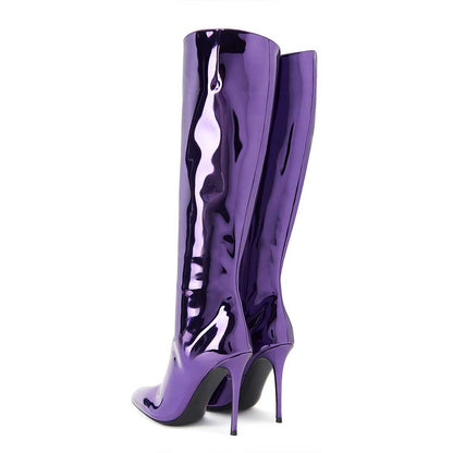 Purple Metallic Patent Leather Pointed Toe Side-Zip Knee High Boots