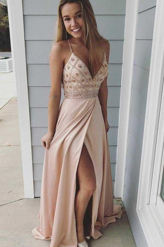 PM349,Champagne Beaded Chiffon Split Prom Evening Dresses