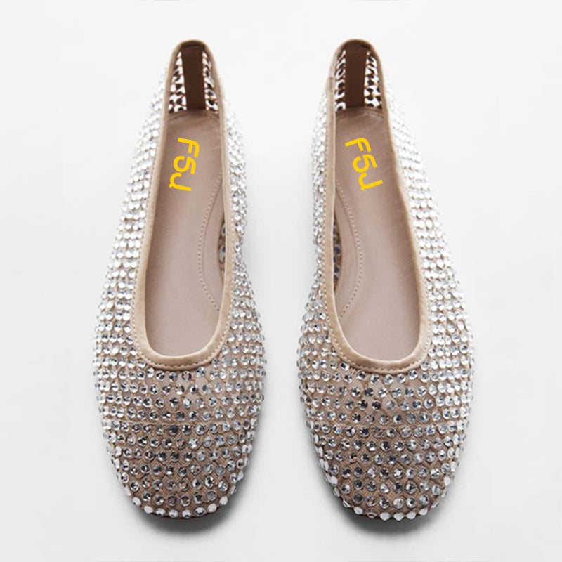 Nude Mesh Round Toe Classy Rhinestone Flats