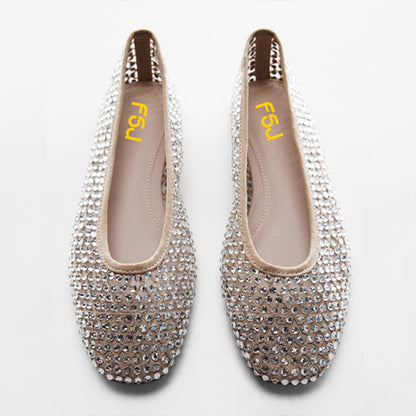 Nude Mesh Round Toe Classy Rhinestone Flats