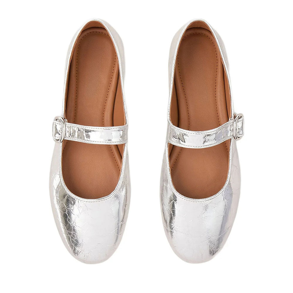 Silver Metallic Finish Round Toe Buckle Strap Mary Jane Flats