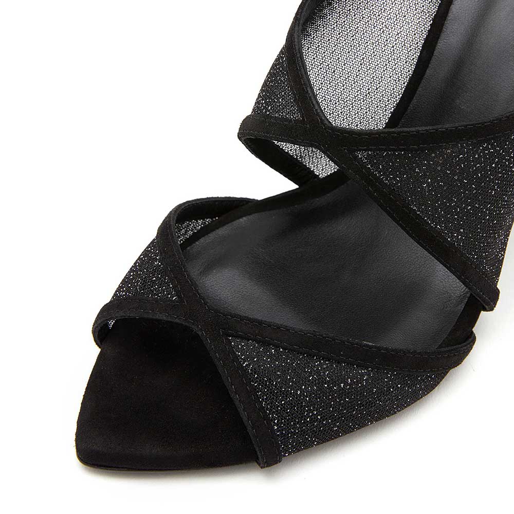 Black Mesh Evening Shoes Open Toe Stiletto Heel Mules for Women
