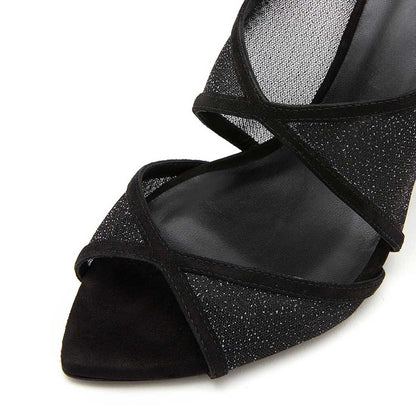 Black Mesh Evening Shoes Open Toe Stiletto Heel Mules for Women