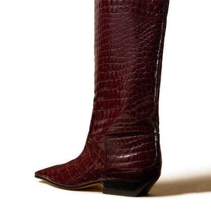 Maroon Crocodile Embossed Square Toe Chunky Heel Knee High Boots