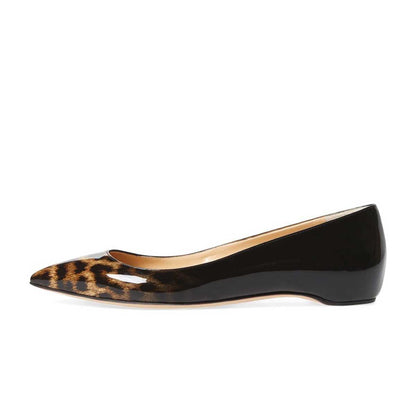 Women's Black and Leopard Print Ombre Patent Leather Pointed Toe Flats