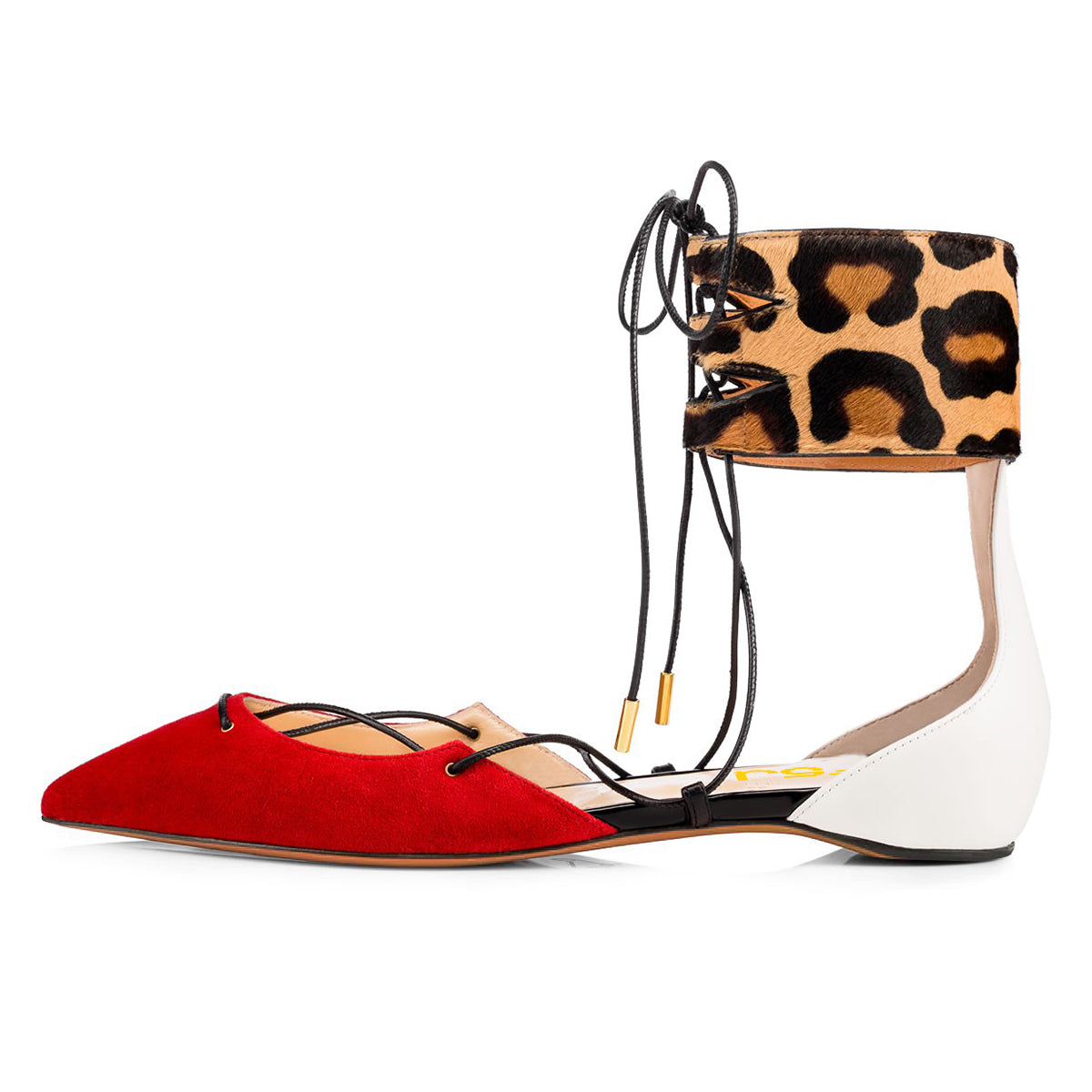 Multi Color Pointed Toe Lace Up Leopard Print Ankle Strap Flats