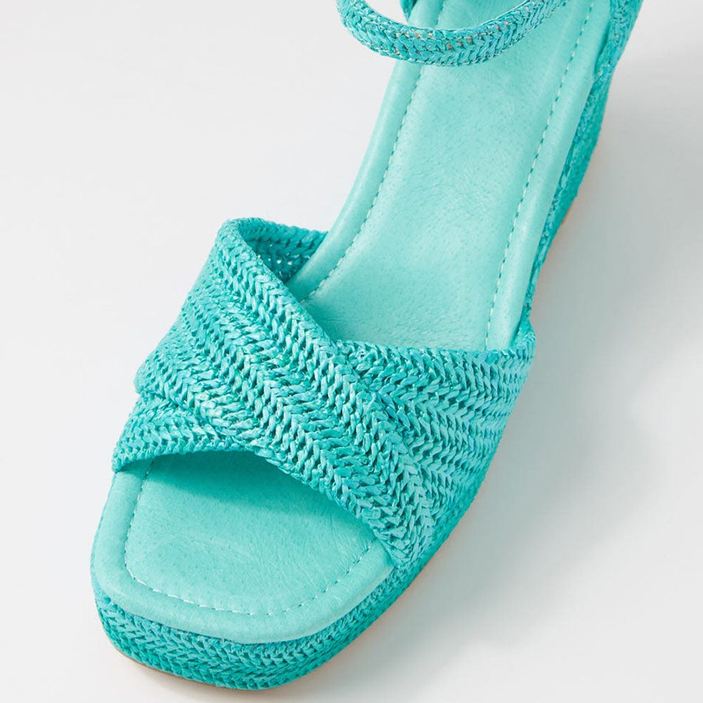 FSJ Turquoise Square-Toe Woven Platform Sandals with Wedge Heels