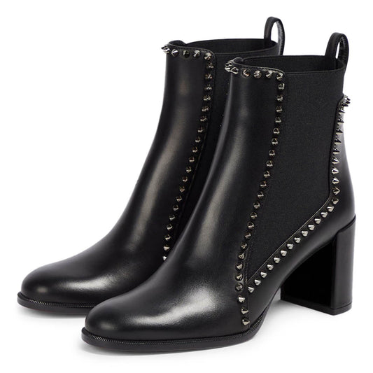 Black Round Toe Block Heel Rivet Embellished Ankle Boots for Women