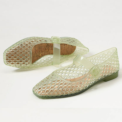 Light Green Square Toe Hollow Out PVC Flats with Buckle Strap