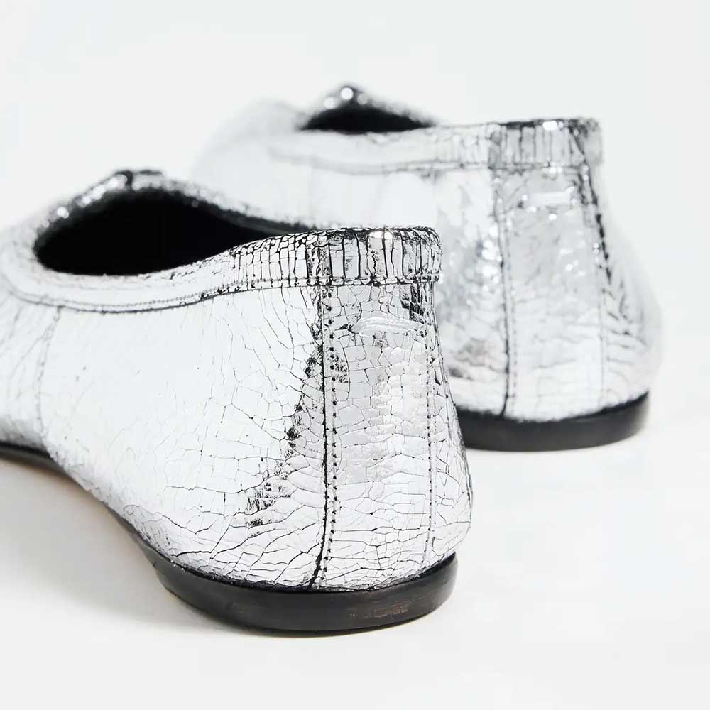 Silver Crinkled Metallic Split Round Toe Flats with Decorative Knot