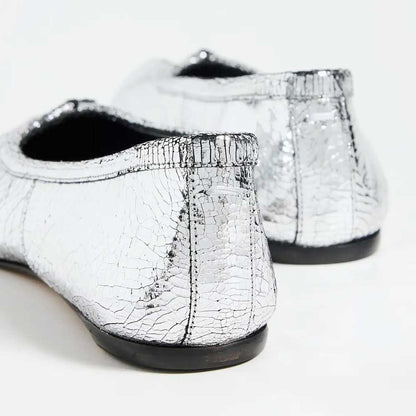 Silver Crinkled Metallic Split Round Toe Flats with Decorative Knot