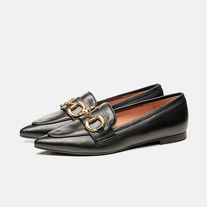 Black Pointed Toe Flat Horsebit Embellished Women's Loafers