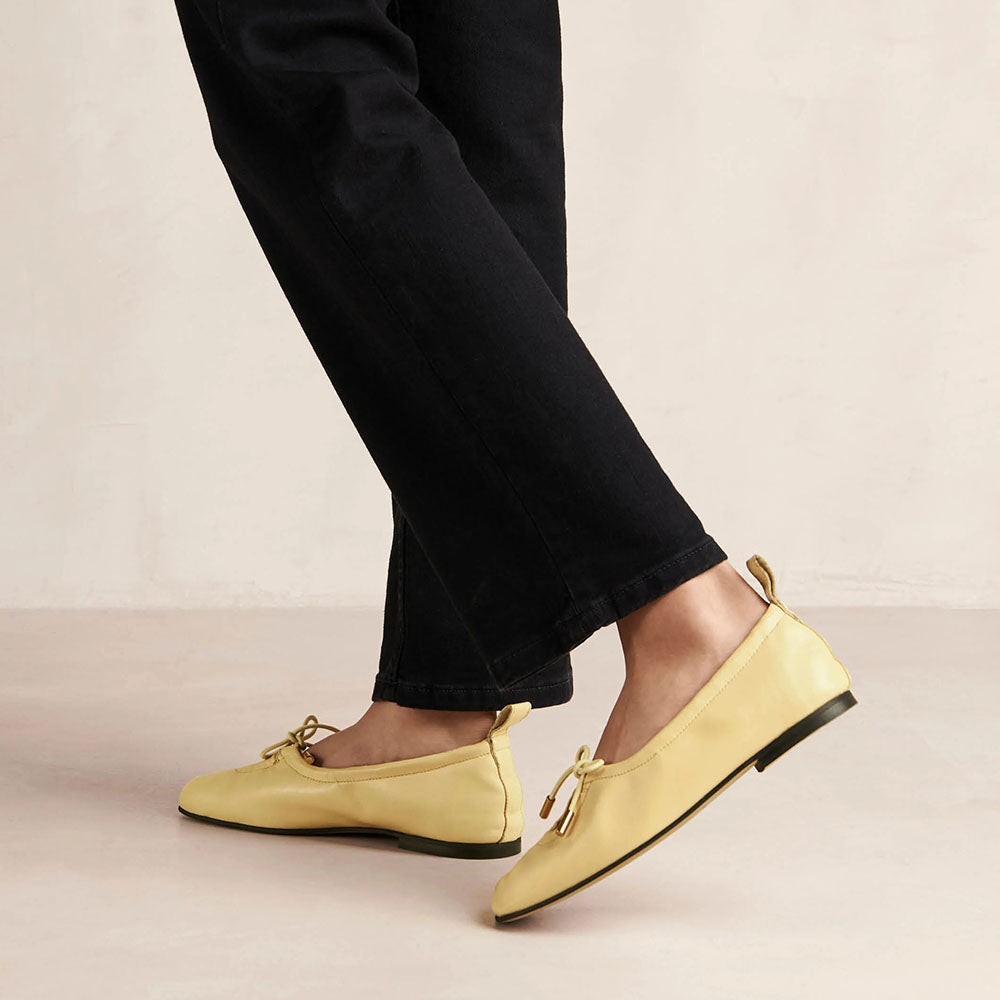 Yellow Square Toe Lace Up Bow Comfortable Ballet Flats