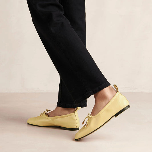Yellow Square Toe Lace Up Bow Comfortable Ballet Flats