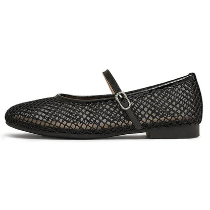 Black Square Toe Buckle Strap Women's Classic Mesh Flats