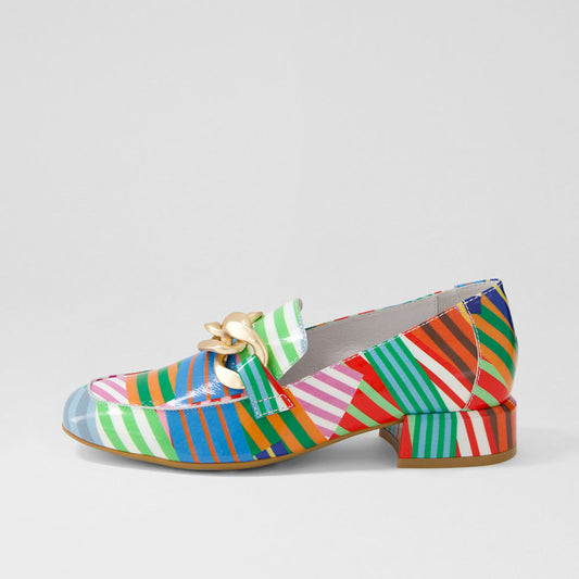 Multicolor Patent Leather Stripe Heeled Loafers with Chunky Chain