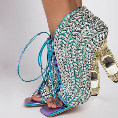 Women's Square Toe Rhinestone Lace Up Boots with Sculptural Heel