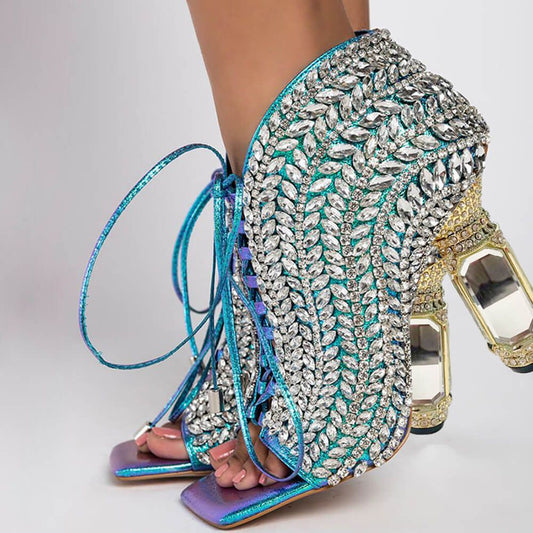 Women's Square Toe Rhinestone Lace Up Boots with Sculptural Heel