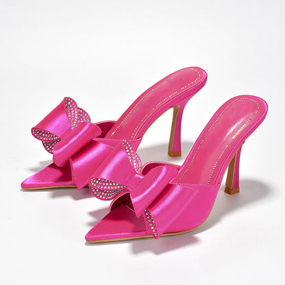 Women's Hot Pink Mules Shoes Pointed Toe Rhinestone Bow Heels