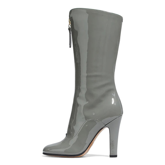 Grey Patent Leather Chunky Heel Front Zip Mid Calf Boots for Women