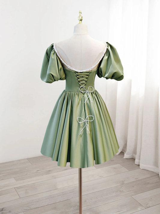 Retro Green Sweetheart Short-sleeved Lace-up Design A-line Satin Party Dress Homecoming Dress TP4075