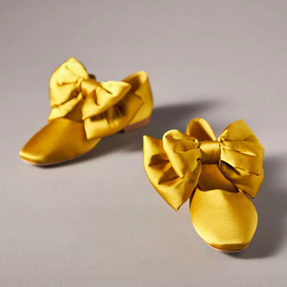 Yellow Satin Square Toe Mary Jane Flats with  Bow Decor