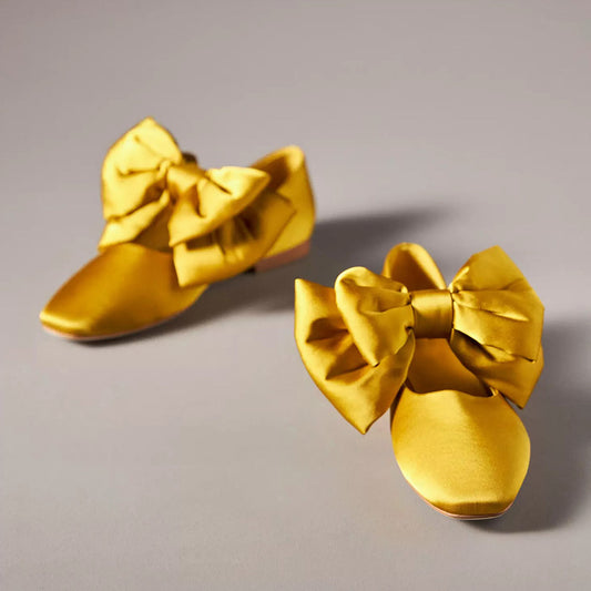 Yellow Satin Square Toe Mary Jane Flats with  Bow Decor