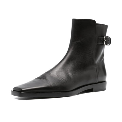 Black Buckle Strap Square Toe Flat Pull-On Ankle Boots for Women