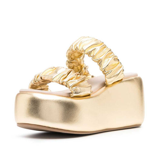 Metallic Gold Platform Mules Ruched Strap Wedge Slide Sandals