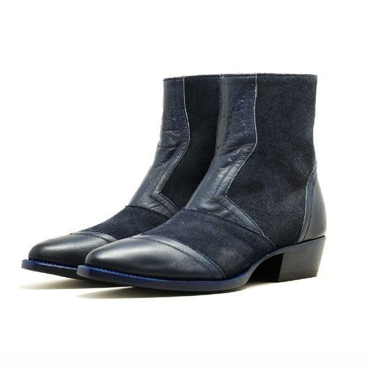 Western Patchwork Almond Toe Chunky Heeled Ankle Boots in Navy