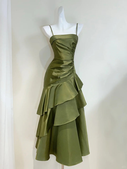 Elegant Olive Green Mermaid Ruffle Spaghetti Strap Satin Prom Dress Evening Dress P4068