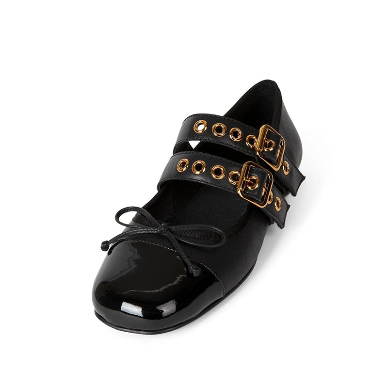 Black Square Toe Grommet Buckle Strap Ballet Flats with Bow