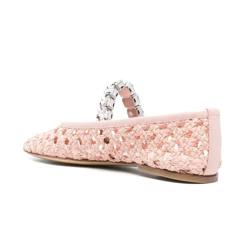 Light Pink Cutout Round Toe Rhinestone Ballet Flats with A Strap