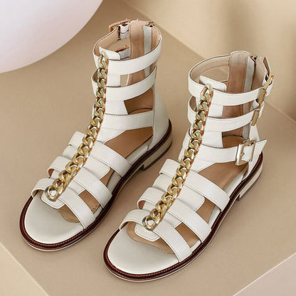 Round Toe  Gladiator Sandals With Chain Buckles Flats Sandals