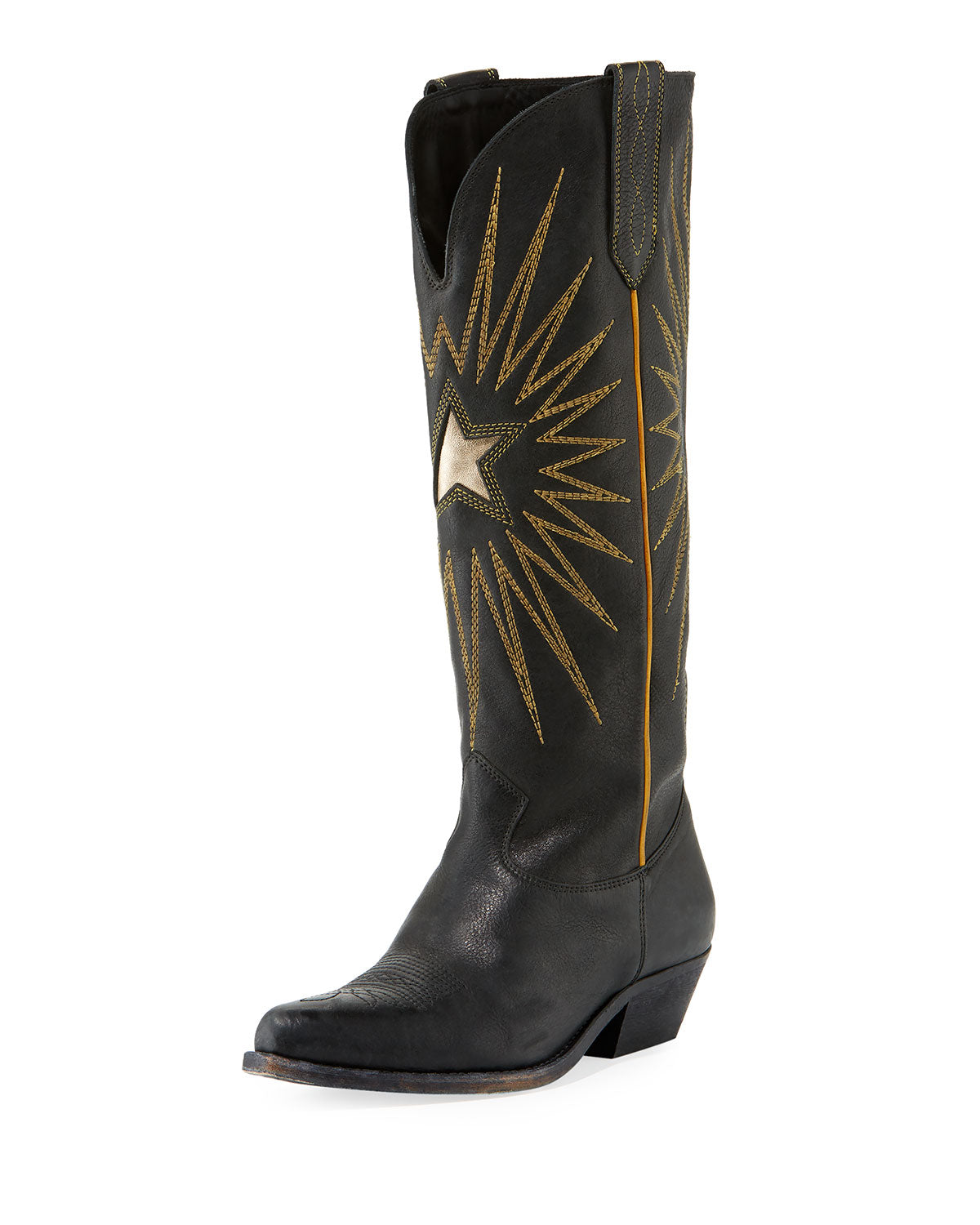 Black Chunky Heel Embroidered Pointy Toe Knee High Cowgirl Boots