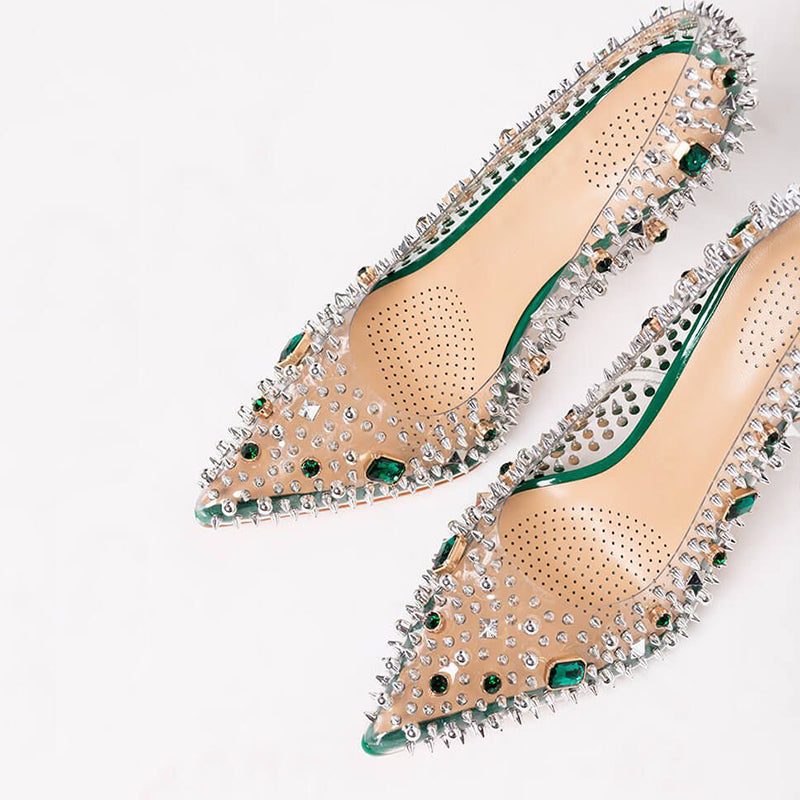 Women's Pointed-Toe Rivet Rhinestone Clear Pumps Party Stiletto Heels