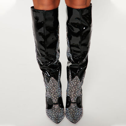 Black Patent Leather Rhinestone Embellished Heeled Knee High Boots