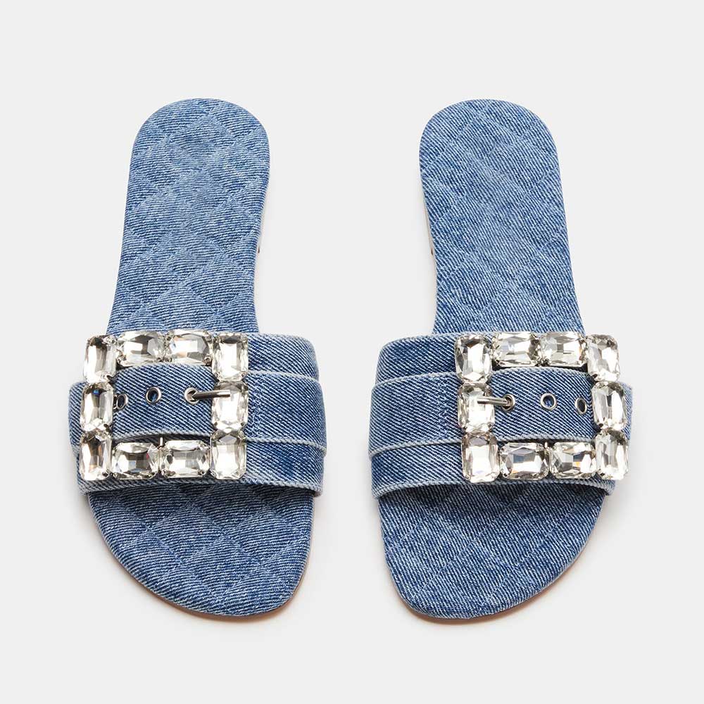 Women's Denim Square Toe Rhinestone Embellished Buckle Flat Slippers
