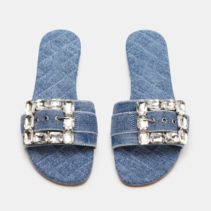 Women's Denim Square Toe Rhinestone Embellished Buckle Flat Slippers