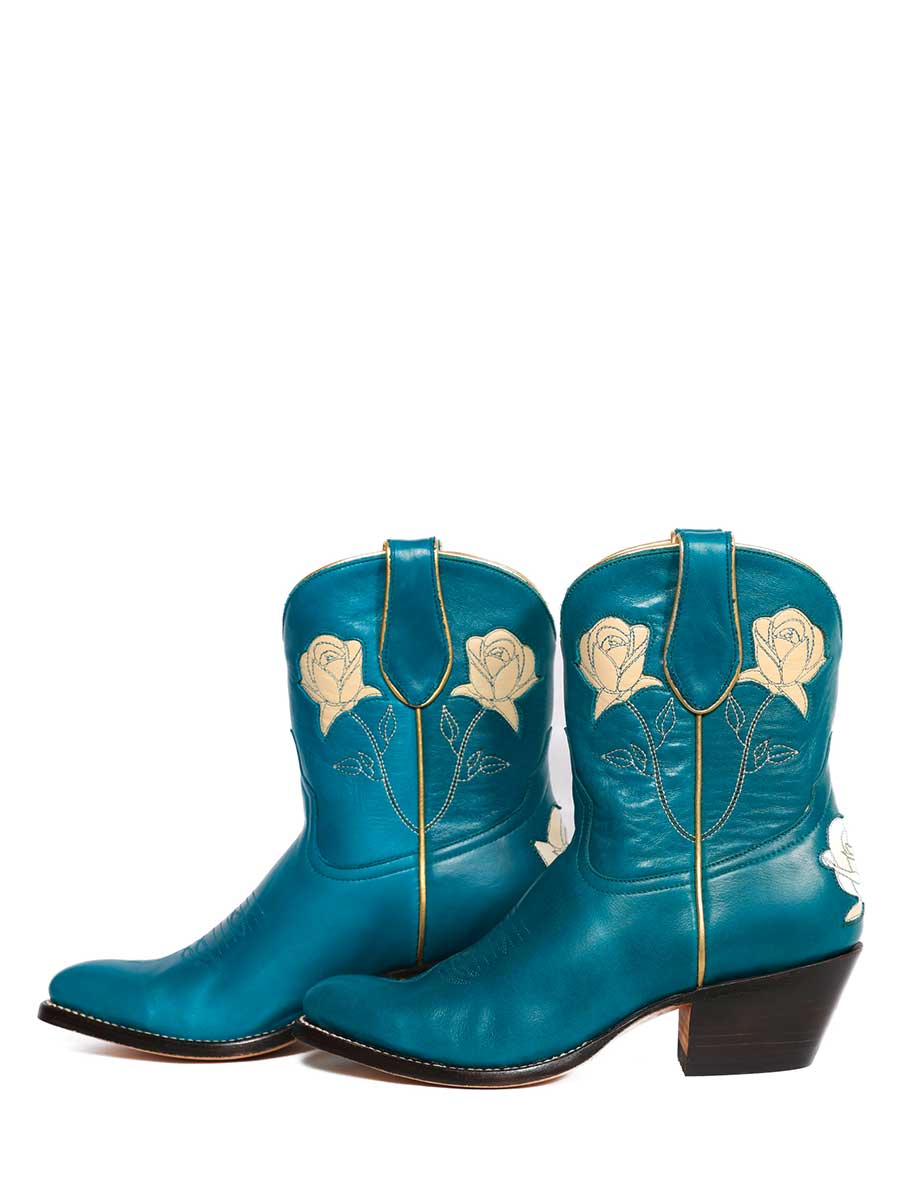 Blue Vegan Leather Round Toe Rose Inlay Block Heel Cowgirl Ankle Boots