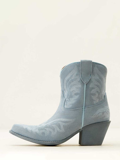 Baby Blue Faux Suede Snip Toe Embroidered Block Heel Cowgirl Ankle Boots