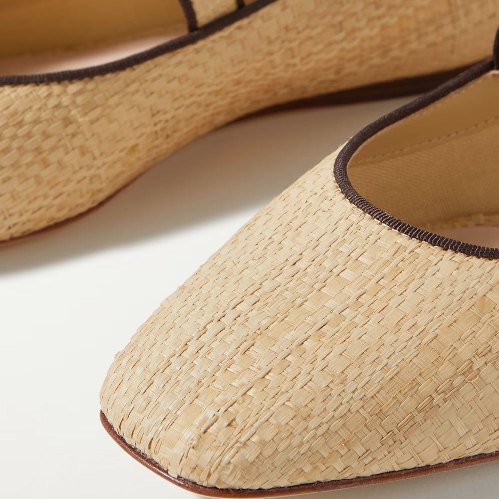 Beige Raffia Square Toe Mary Jane Flats with Buckled Strappy Design