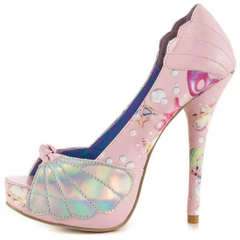 Cute Pink Ariel Detail Peep Toe Stiletto Heel Platform Pumps