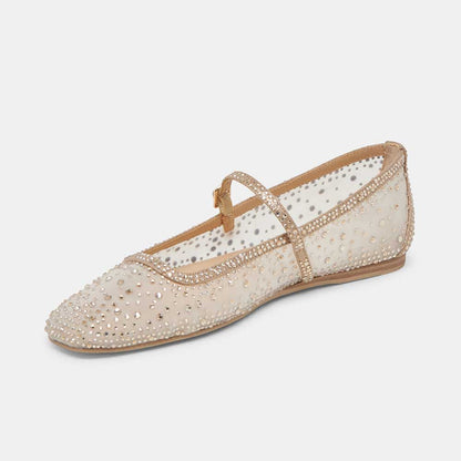 Champagne Rhinestone Embellished Mesh Square Toe Women's Dress Flats